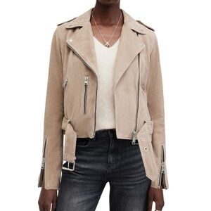 All Saints Suede Balfern Biker Jacket in Warm Taupe